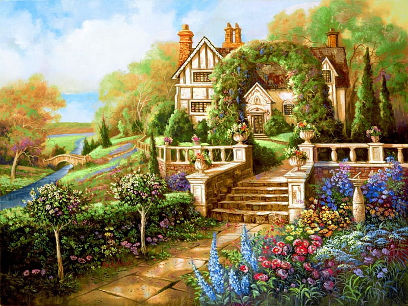 Hillside Garden Manor, house, cottage, stairs, manor, countryside, bridge, painting, flowers, river, art, spring, creek, sky, trees, paradise, garden, nature, hillside, HD wallpaper