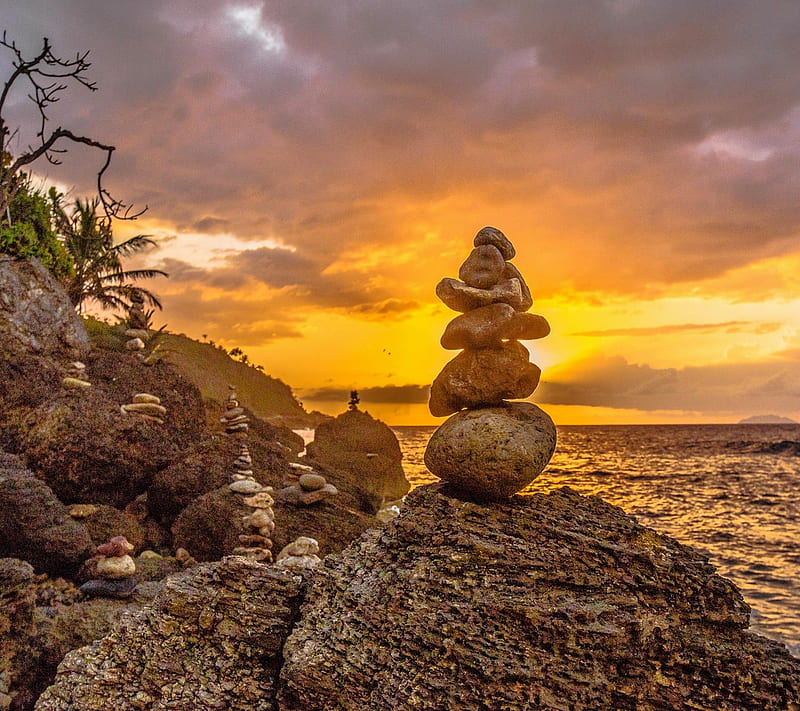 Stacked stones, cliffs, coast, landscape, ocean, pebbles, rocks, sunset, HD wallpaper
