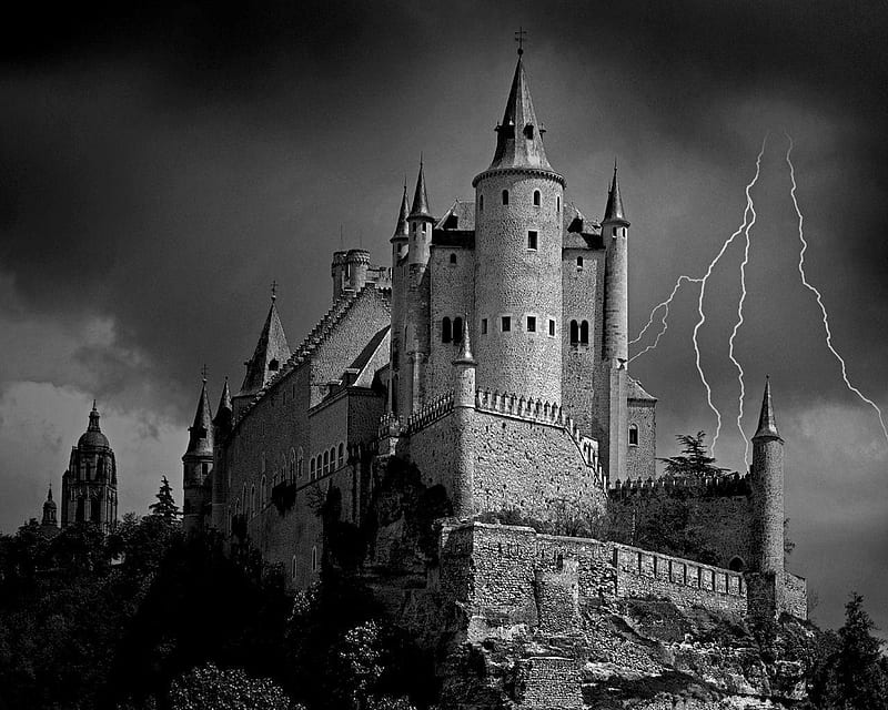 Alcazar Castle Segovia Spain, lightning, clouds, castle, dark, HD wallpaper