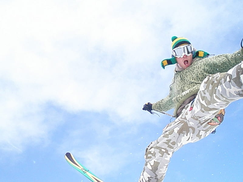 big air, skiing, sky, blue, jumping, HD wallpaper