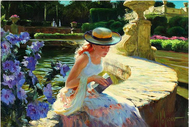 Painting, artist, dress, house, sun, resting, book, read, bonito, woman, outdoors, elegance, young, feminine, flowers, beauty, blue, art, fountain, soft, park, trees, abstract, hat, water, summer, nature, single, HD wallpaper