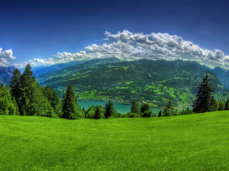 Spring Mountain, mountain, grasslands, green, grass, nature, fields, sky, other, HD wallpaper
