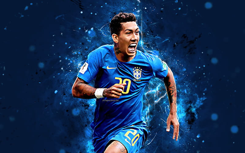 Roberto Firmino goal, blue uniform, Brazil National Team, fan art, Firmino, soccer, Brazilian football team, footballers, neon lights, HD wallpaper