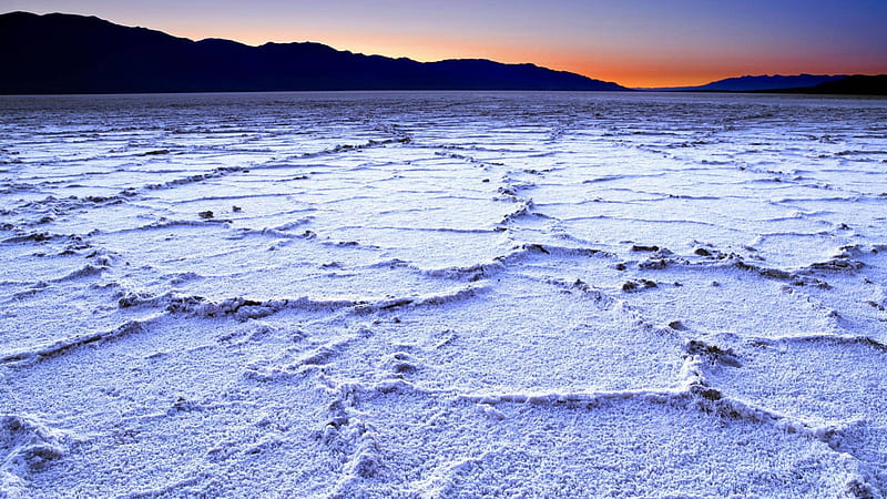salt flats in badwater death valley cal., flats, mountains, salt, sunset, lake, HD wallpaper
