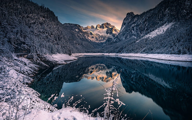 Lake Gosau, mountain lake, snow, Alps, mountain landscape, Gosauseen, Austria, HD wallpaper