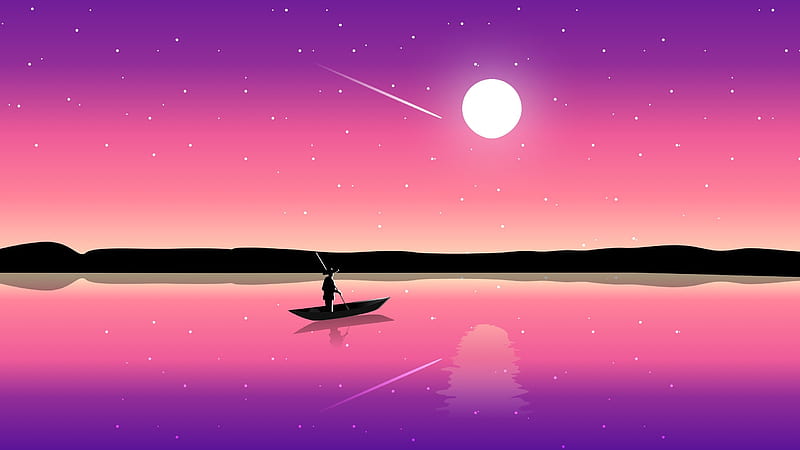 Moonlight, sky, pink, silhouette, luminos, moon, julien clauzier, fantasy, water, boat, moon, purple, summer, HD wallpaper