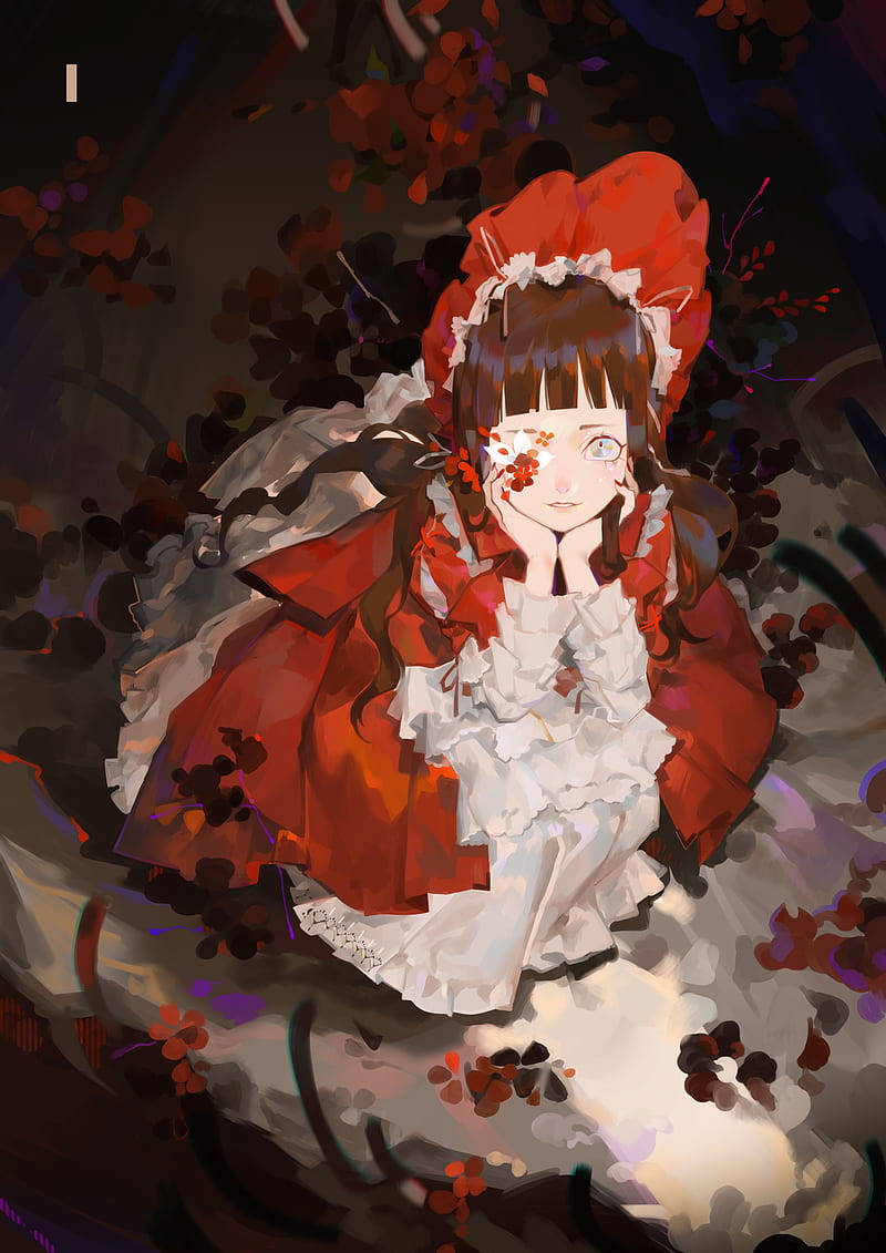 lolita fashion, red dress, anime girl, hat, brown hair, painting, Anime, HD phone wallpaper