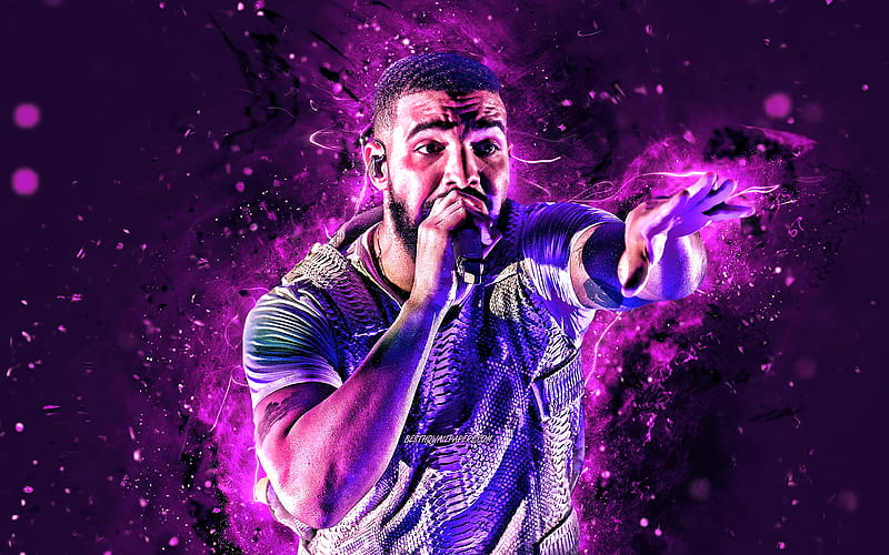 Drake canadian rapper, concert, music stars, Aubrey Drake Graham, Drake with microphone, violet neon ligns, creative, Drake, HD wallpaper