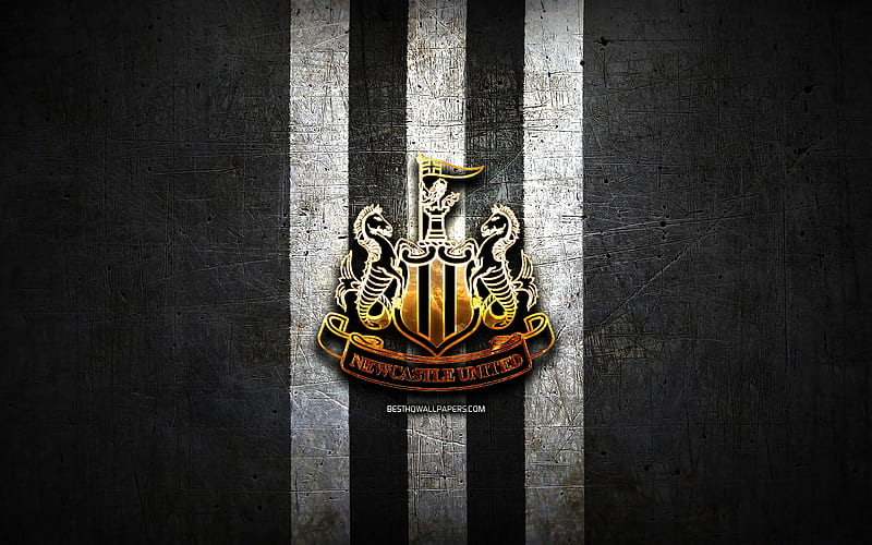 Newcastle United FC, golden logo, Premier League, black metal background, football, Newcastle United, english football club, Newcastle United logo, soccer, England, HD wallpaper
