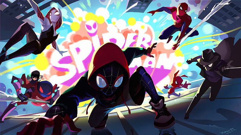 Spider Verse Heroes Action, spiderman, superheroes, artwork, digital-art, art, artstation, HD wallpaper