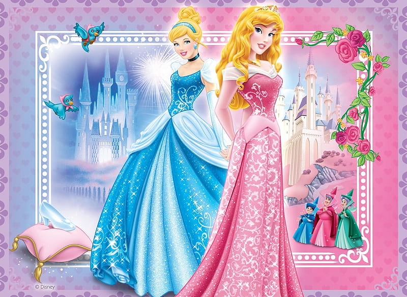 Cinderella and Aurora, dress, aurora, cinderella, fantasy, girl, princess, pink, blue, disney, HD wallpaper