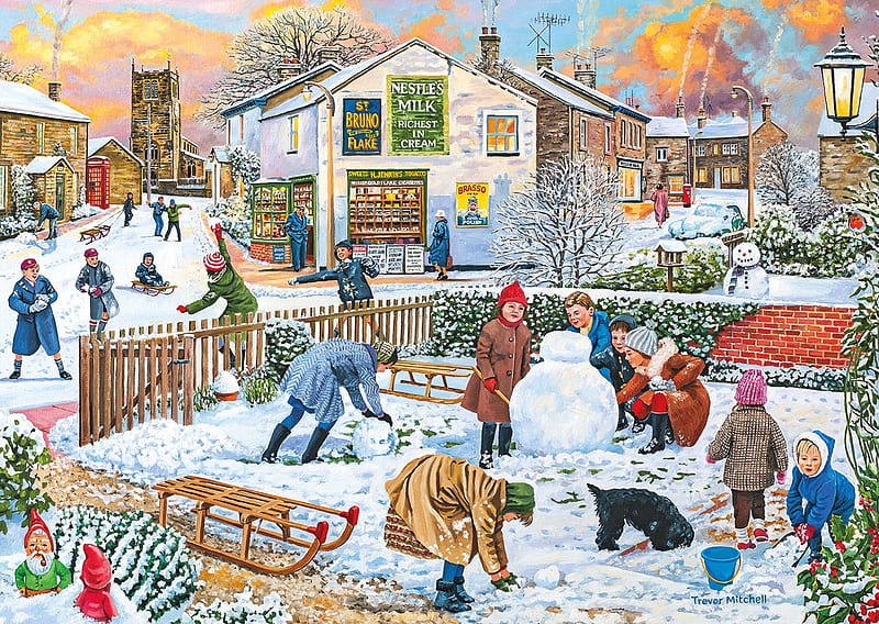 Winter fun, art, house, children, fun, snowman, play, winter, trevor mitchell, people, painting, white, pictura, blue, HD wallpaper