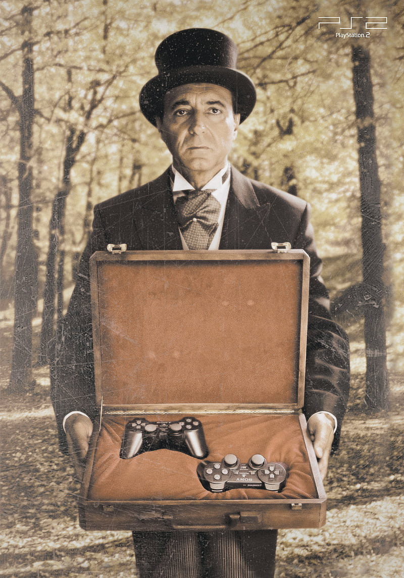 men, graphy, top hat, PlayStation, PlayStation 2, suitcase, scratch, humor, suits, controllers, trees, portrait display, Duel, gamepad, DualShock, DualShock 3, frontal view, HD phone wallpaper