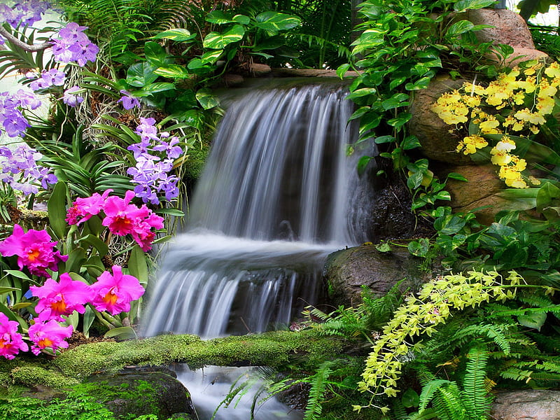 Small garden waterfall, cascades, greenery, waterfall, flowers, garden, park, bonito, small, HD wallpaper