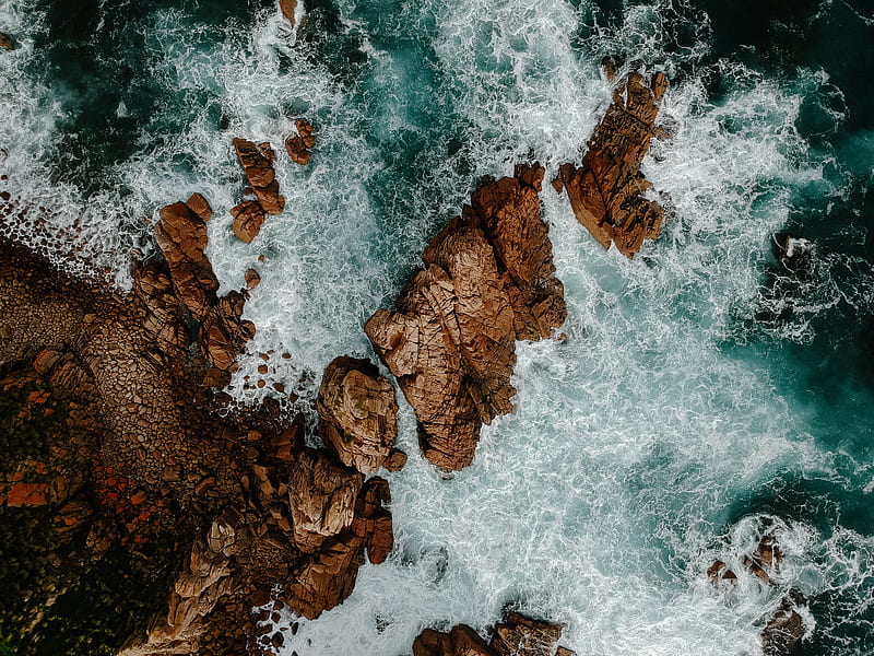 waves, rocks, water, aerial view, HD wallpaper