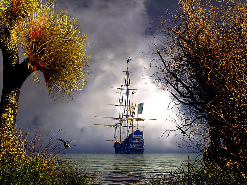 Esperando la tormenta, árboles, nubes, tormenta, vela, barco, antiguo, barco,  Fondo de pantalla HD | Peakpx