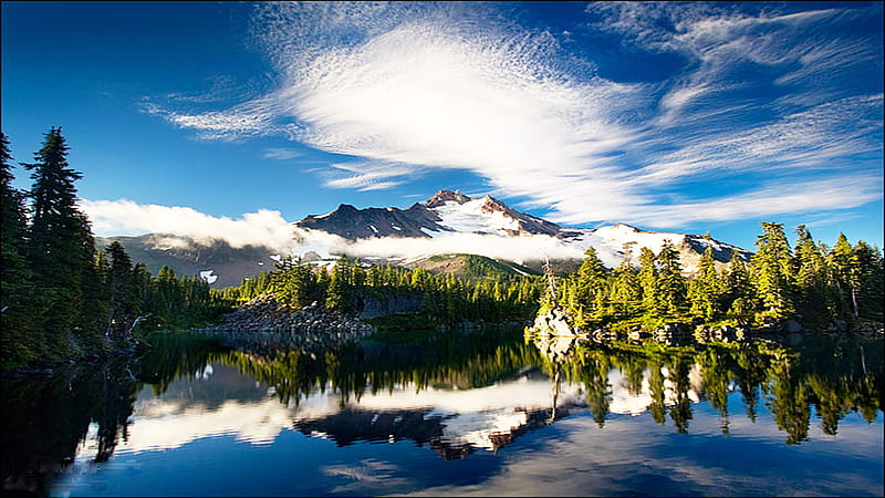 Beautiful Bright Day, mountain, forest, cloud, reflection, alps, sky, lake, blue, HD wallpaper