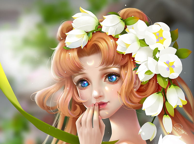 Fantasy girl, lily, flower, white, wreath, frumusete, redhead, luminos, fantasy, green, charity chan, girl, face, HD wallpaper