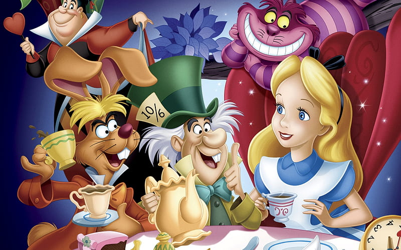 Alice in Wonderland, Alice, teatime, cat, Rabbit, HD wallpaper