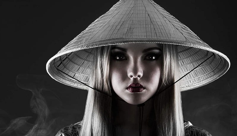 Portrait, asian style, black, hat, graphy, wp, girl, bw, face, white, HD wallpaper