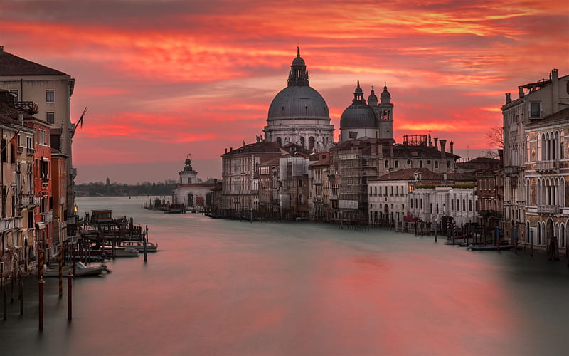 Venice, Grand Canal, San Marco, St Marks Basilica, Patriarchal Cathedral Basilica of Saint Mark, evening, sunset, red sky, cathedral, Italy, HD wallpaper