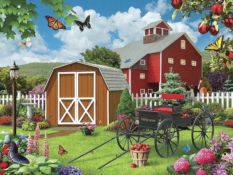 Barnyard Beauties, house, apples, birds, cart, butterflies, trees, barn, fence, artwork, digital, HD wallpaper