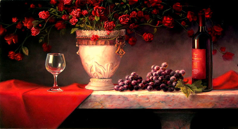 Scarlett Splendor, red roses, red fabric, vase, roses, grapes, still life, wine bottle, marble table, wineglass, HD wallpaper