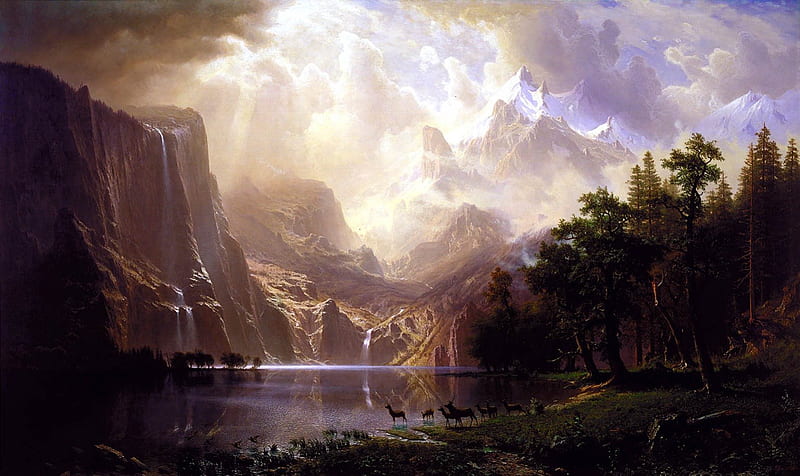 Forces of nature, north, forest, Albert Bierstadt, nordic, mountain, snow, pagan, nature, celtic, viking, HD wallpaper