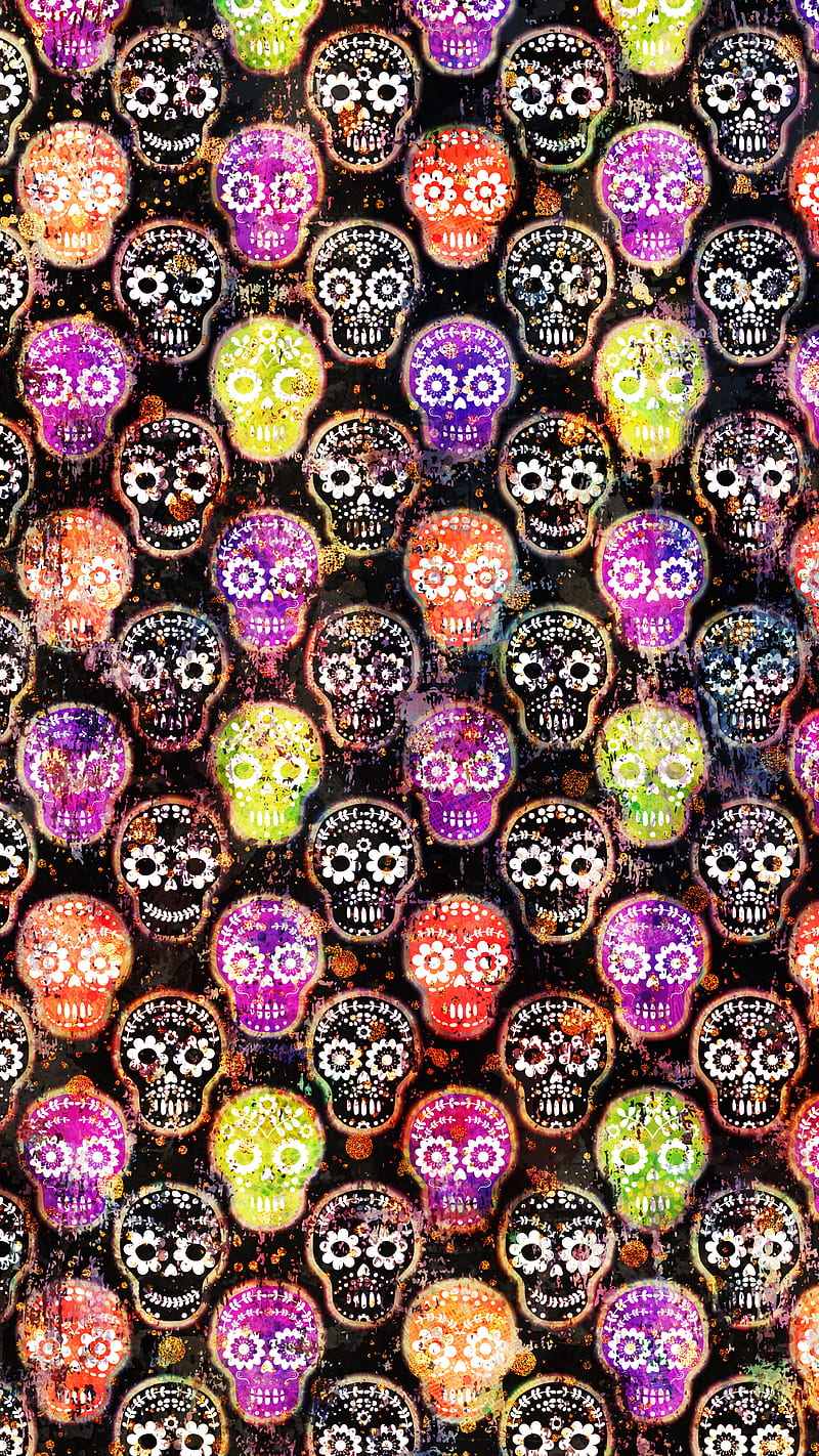 Colorful Sugar Skulls, Adoxali, Calavera, Colorful, Halloween, Mexican, background, black, bone, cute, day, dead, death, decorative, dia de los muertos, face, festival, floral, flower, folk, funky, funny, gothic, grunge, grungy, head, hipster, human, illustration, mask, pattern, skull, spooky, sugar, vintage, HD phone wallpaper