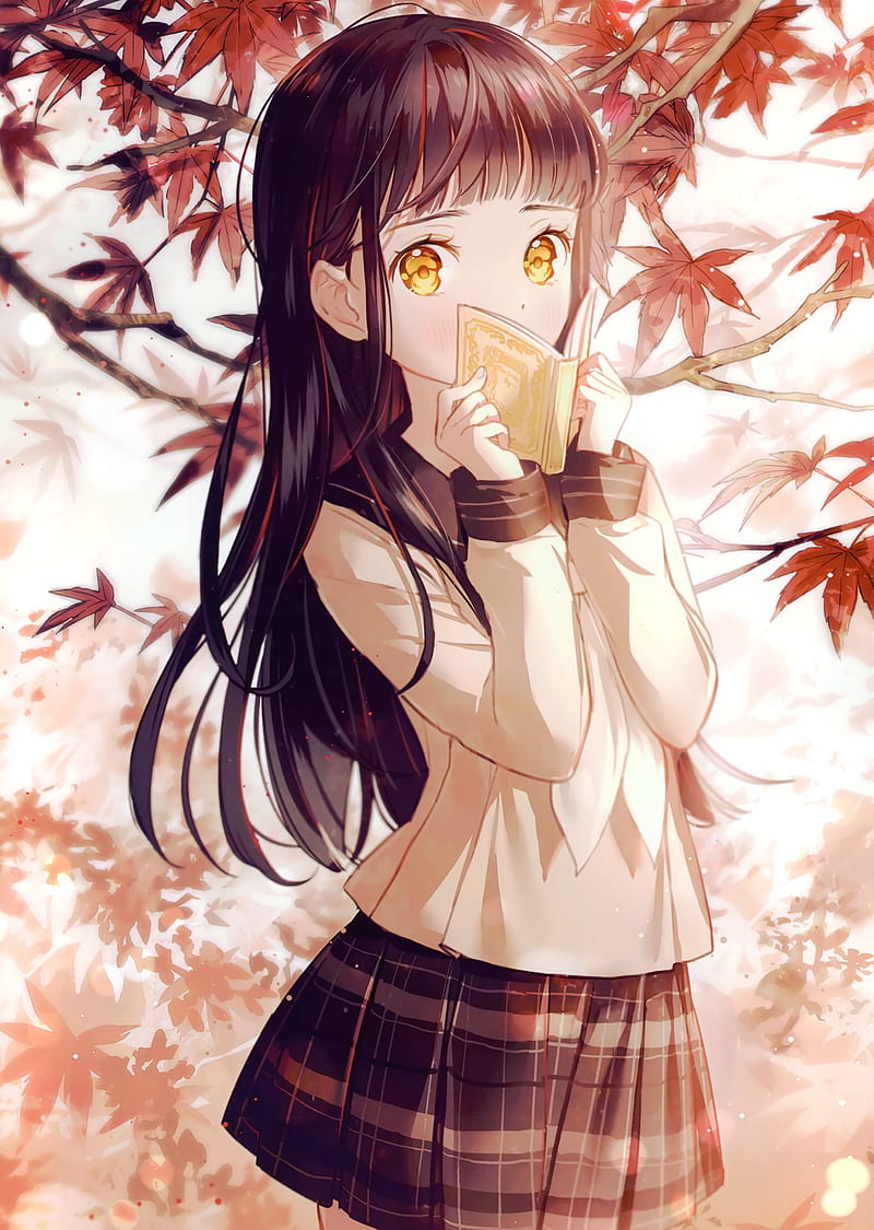 anime school girl, autumn, long hair, loli, leaves, tree, Anime, HD phone wallpaper