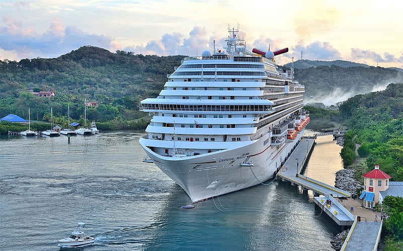 Carnival Magic, white luxury ship, bay, dock, morning, sunrise, Dream-class cruise ship, HD wallpaper