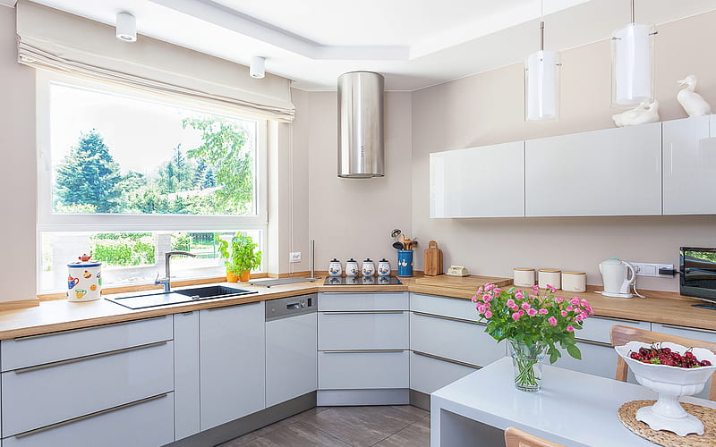 Modern kitchen design, light kitchen furniture, kitchen projects, stylish interior design, chrome hood for the kitchen, HD wallpaper