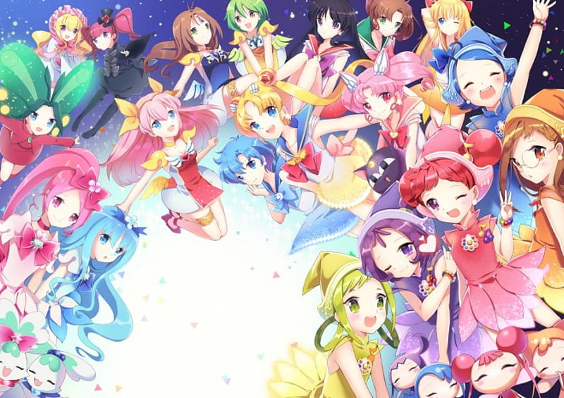 Cross-Over [Mahou Shoujo Madoka☆Magica x Ojamajo DoRemi x Heartcatch Precure!], Anime, Multi-coloured Hair, Magical Girls, Girls, Multi-coloured Outfits, Cross-over, HD wallpaper