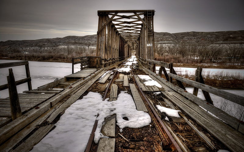 old railroad bridge r, bridge, river, r, tracks, old, wood, HD wallpaper