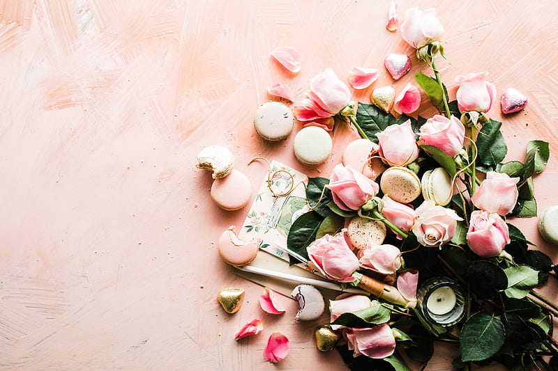 flat-lay graphy of macaroons and pink rose flowers, HD wallpaper