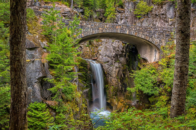 Christine Falls, Washington State, bridge, waterfall, nature, usa, HD wallpaper