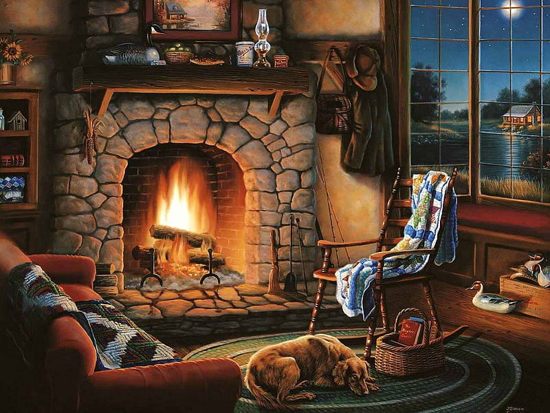 Sweet Home, furniture, fire, painting, chimney, dog, HD wallpaper