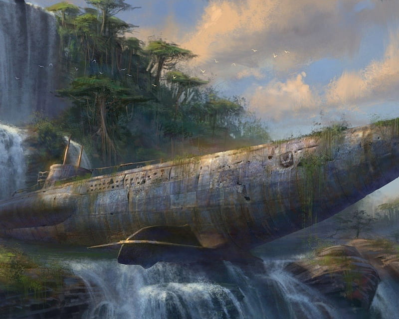 abandoned submarine, submarine, birds, waterfall, blue sky, trees, clouds, HD wallpaper