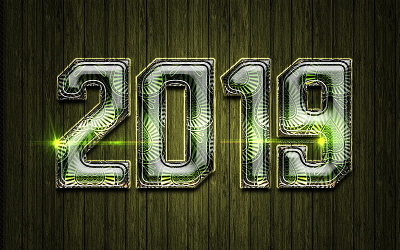 2019 green glass digits, Happy New Year 2019, green metal background, 2019 glass art, 2019 concepts, green neon lights, 2019 on green background, 2019 year digits, HD wallpaper