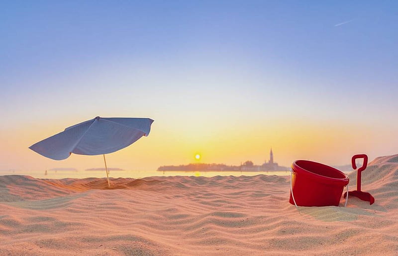 Beach at Sunset, bucket, sand, town, umbrella, shovel, sunset, sky, HD wallpaper