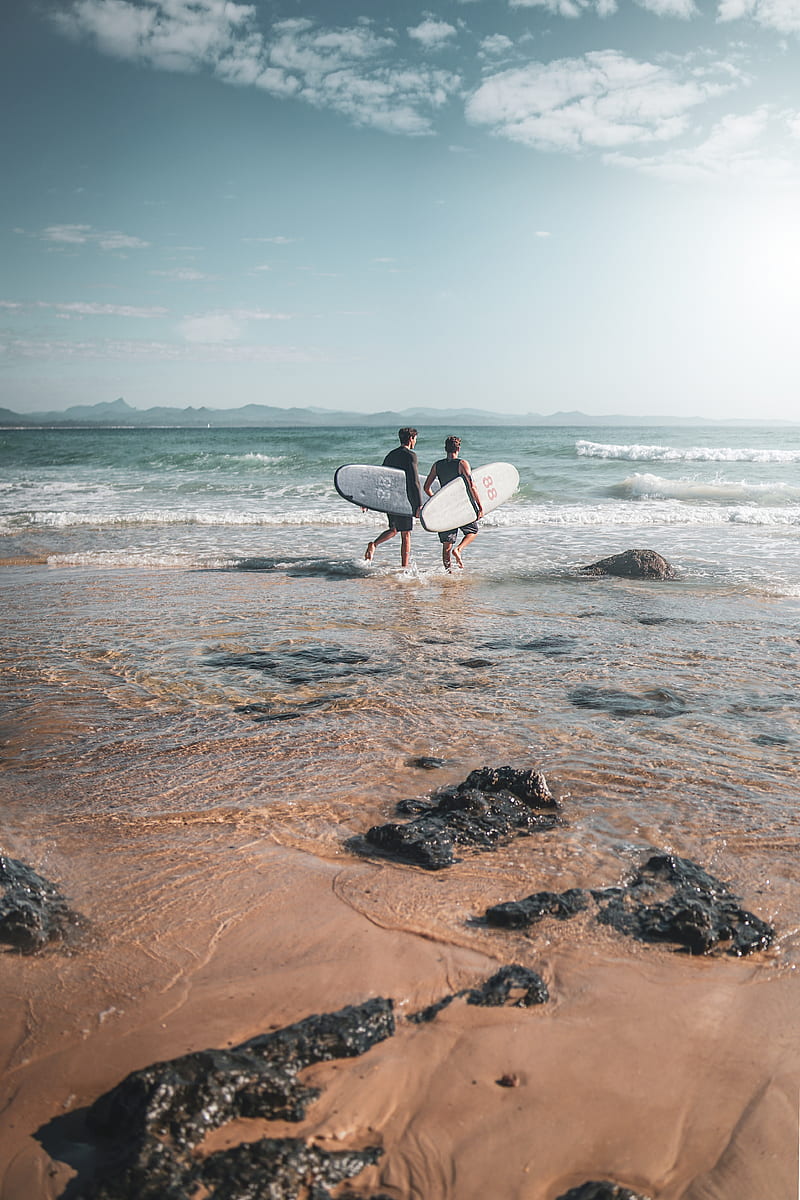 surfers, surfing, ocean, beach, waves, HD phone wallpaper