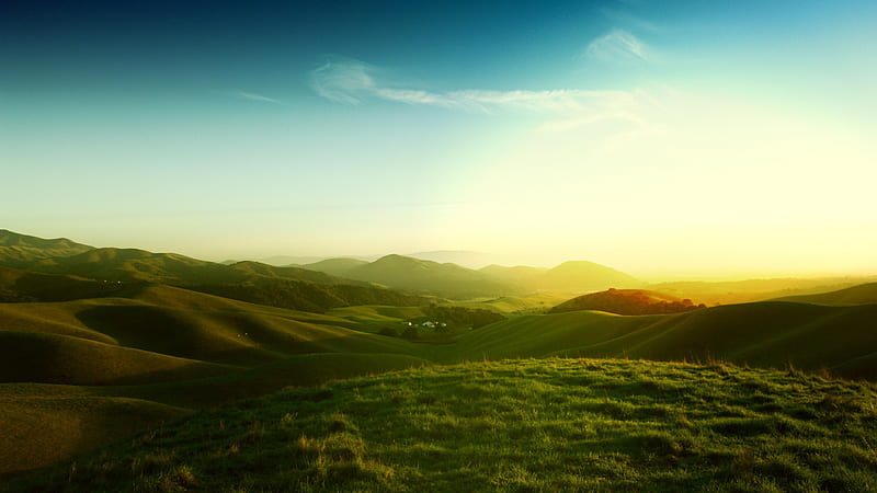 Hills of California, sun, mountains, nature, sky, green hills, HD wallpaper