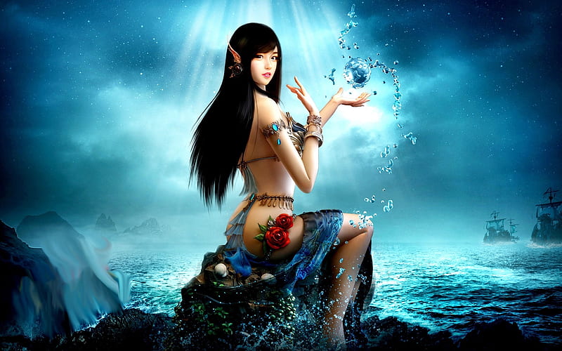 Beautiful Siren, Water, Ships, dreamy, Mermaid, ocean, magical, sea, HD wallpaper