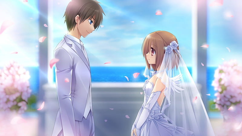 ♡ Couple ♡, pretty, veil, wing, sweet, nice, groom, love, anime, handsome, anime girl, fairy, wings, lovely, gown, sexy, short hair, cute, lover dress, guy, bride, hot, wed, couple, bride and groom, female, male, brown hair, wedding, boy, girl, petals, HD wallpaper