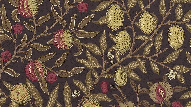 Fruits With Leaves In Brown Background William Morris, HD wallpaper