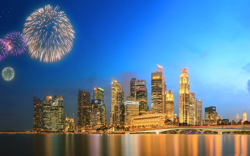 Singapore, evening, skyscrapers, fireworks, modern buildings, Singapore cityscape, HD wallpaper