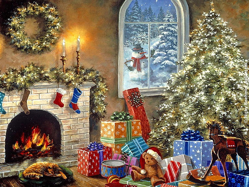 Christmas nostalgia, candle, window, christmas, holiday, bear, gift, cat, snowman, nostalgia, fireplace, tree, kitten, HD wallpaper