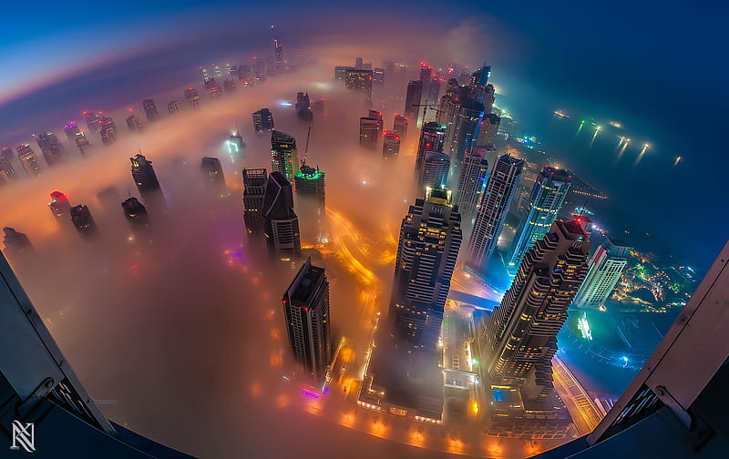 Cities, City, Skyscraper, Building, Fog, Dubai, Aerial, Man Made, HD wallpaper