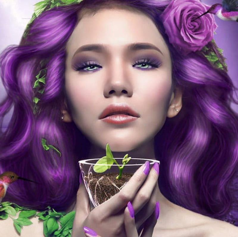 Spring, fantasy, purple, rose, flower, lady, HD wallpaper