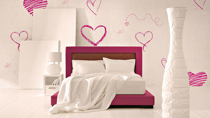 Bedroom for girls, romance, interior, bedroom, corazones, bed, love, bright, girls, white, pink, light, HD wallpaper